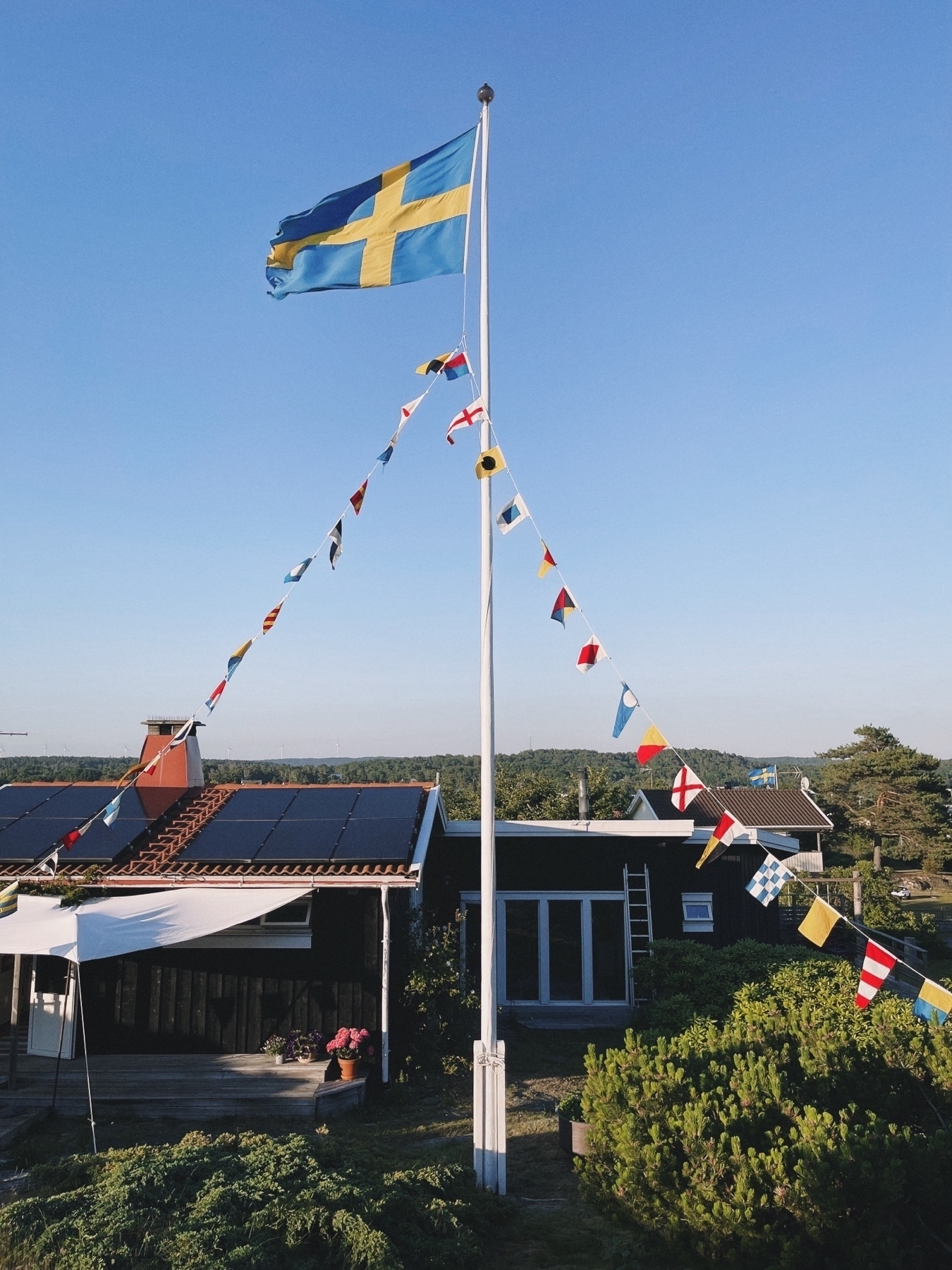 Foto av flaggstång med hissad svensk flagga samt ett flaggspel